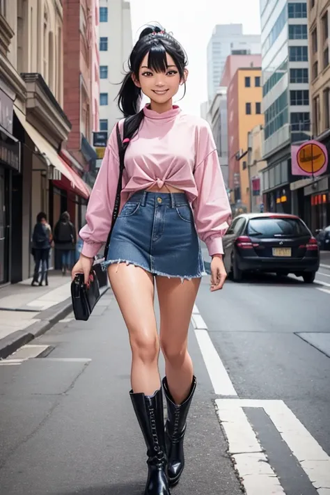 Kizi, Asian, 18-years old, Grinning, long black hair tied into two high ponytails, pink cropped shirt tied at the front, denim skirt, high leather boots, walking in the middle of the city. 