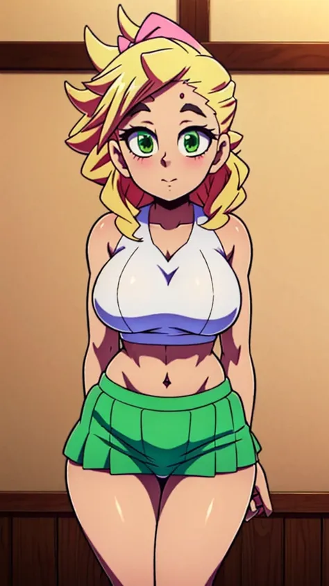 In anime A  demon girl Sexy young beautiful attractive beautiful popular yellow hair long curly menchon forehead pink bow her green eye dresses white blouse tied knot put on green bow chest shows navel curve wide sexy and her green skirt short black heel 