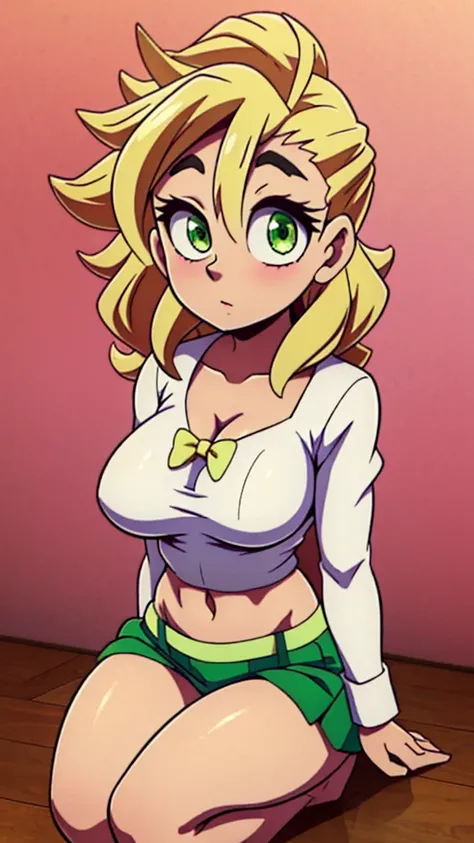 In anime A  demon girl Sexy young beautiful attractive beautiful popular yellow hair long curly menchon forehead pink bow her green eye dresses white blouse tied knot put on green bow chest shows navel curve wide sexy and her green skirt short black heel 