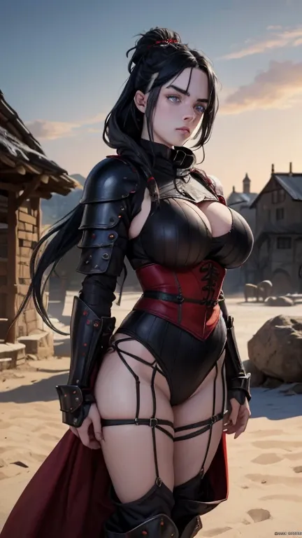 Medieval female warrior (Billie Eilish face), beautiful face, armor(black and red), athletic physique, big round breasts, exposed thighs, round Buttocks, long black hair tied braid, light blue eyes, freckles on her face, destroyed village