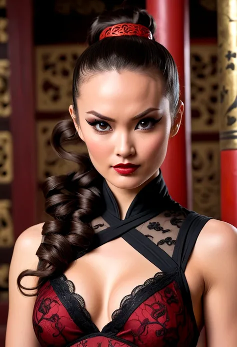 Tori Black asian ninja warrior, ringlets wavy five feet long black hair, updo hairstyle with ponytail on one side and hairpins on top, dark red glossy lips, heavy black eye shadow long black eyeliner, long sharp nails, black lace beautiful and creative sle...