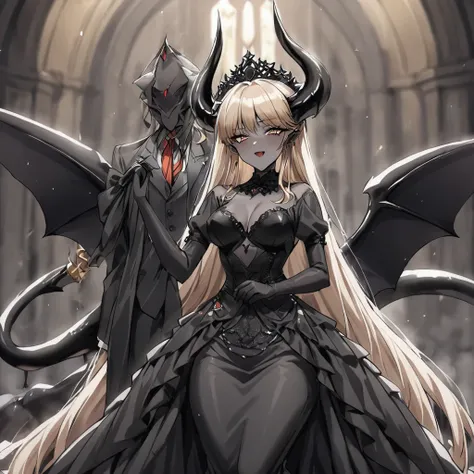 ((Highest quality)), ((masterpiece)), (detailed), （Perfect Face）、The woman is a sexy devil with jet black skin、The woman is a jet-black female demon with magnificent devil horns, jet-black devil wings, and a jet-black tail. Her skin is jet-black, she is we...