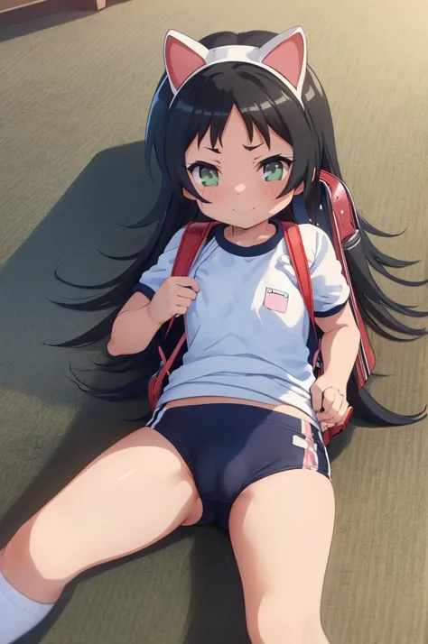 masterpiece, ultra quality, ultra sharp, ultra detailed, 1girl, solo, (((good anatomy))), haduki kurumi, (tattered torn dripping wet white gym shirt), navy gym pants, animal ears, randoseru, name tag, Japanese anime pose, laugh, BurumaShorts, Buruma, Gym U...