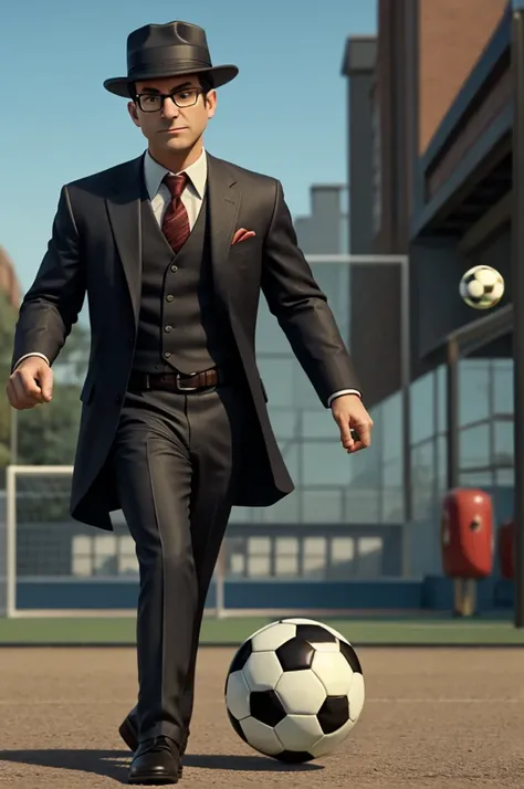 A detective with a hat and glasses holding a soccer ball in pixar format