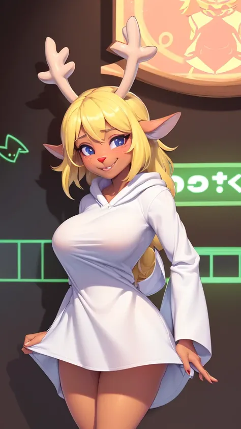 (noelle, furry female anthro, blonde hair, deer girl, red deer nose, white eyes, white pupils, white robe, hooded robe, big breasts, midriff), hands on hips, green neon city, smiling, winking, blushing