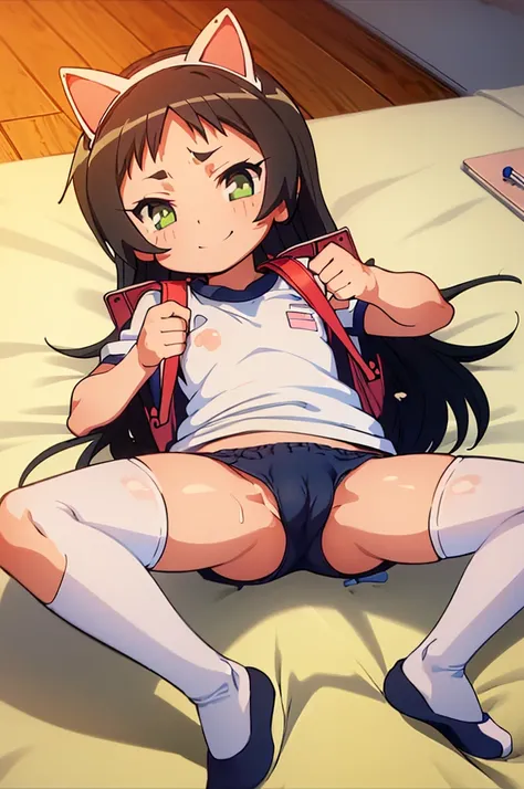 masterpiece, ultra quality, ultra sharp, ultra detailed, 1girl, solo, (((good anatomy))), haduki kurumi, (tattered torn dripping wet white gym shirt), navy gym pants, animal ears, randoseru, name tag, Japanese anime pose, laugh, BurumaShorts, Buruma, Gym U...