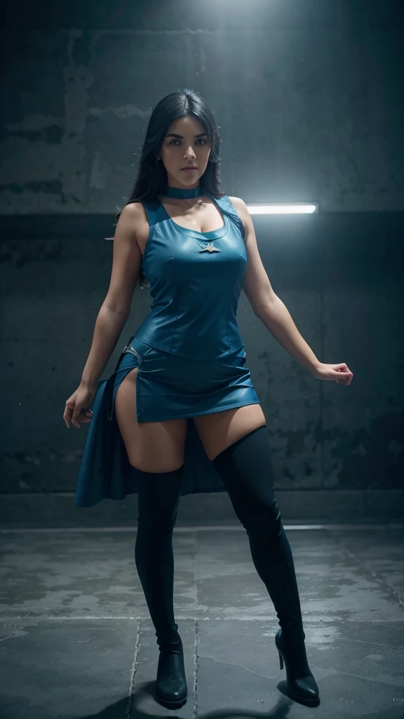 full body length, aesthetic anatomy, Maite Perroni wears Aqua outfit from KonoSubas anime, tight sleeveless dark blue vest, swipe dark blue skirt, hightights dark blue boots, dynamic angle, highly detailed, natural details, masterpiece, 4K quality, 8k reso...