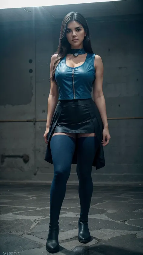 full body length, aesthetic anatomy, Maite Perroni wears Aqua outfit from KonoSubas anime, tight sleeveless dark blue vest, swipe dark blue skirt, hightights dark blue boots, dynamic angle, highly detailed, natural details, masterpiece, 4K quality, 8k reso...