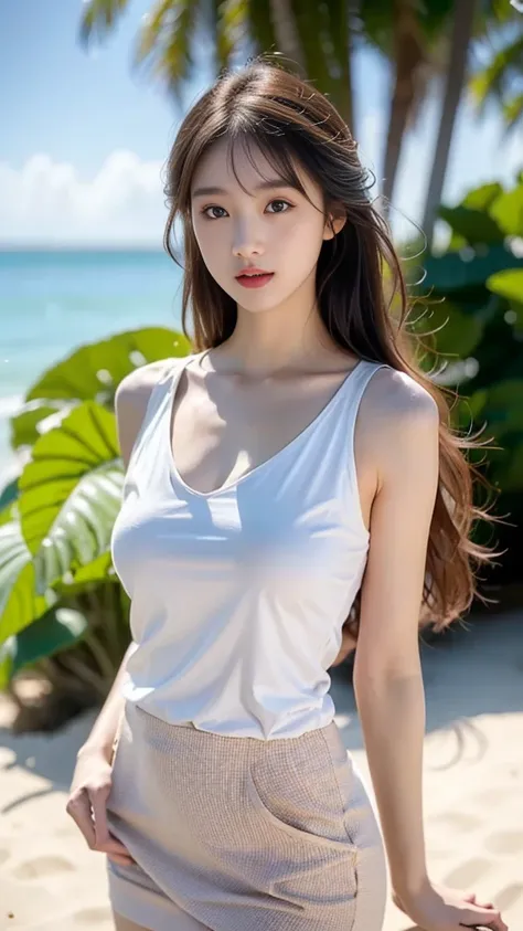 Ultra-detailed 8K photos of Japanese gravure models，Shoulder-length wavy hair and striking hazel eyes. She strikes a seductive pose on a tropical beach, dress chicly black and white, Vest,  mini skirt, when she naughtily, Looking at the camera, Surrounded ...