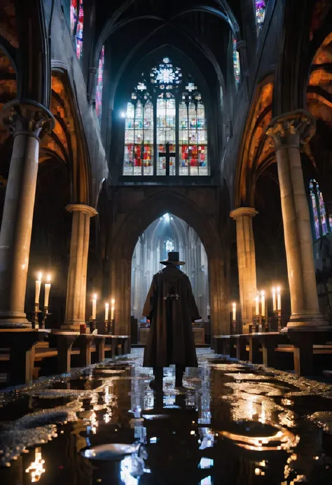 fisheye lens, gang man standing inside a gothic church, wet stone, puddles, infinite vaults, bloodborne, dramatic light, low key, candle light
