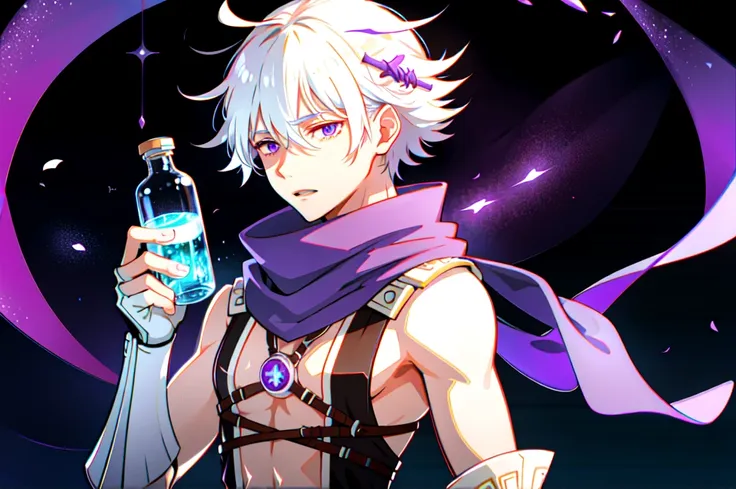 1 male, white hair, handsome, purple eyes, hand holding a scientific flask, moderate breath ,scarf, science laboratory backgroun...