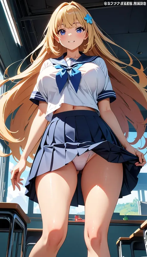 Angle from directly below、(Anime works, Anime Style, Studio Anime, Very detailed, Latest, Vibrant, Anime Coloring, High Contrast, masterpiece:1.2, Highest quality, Best aesthetics), A woman wearing a sailor suit, Pleated skirt,Skirt flip、 Big Breasts, hair...