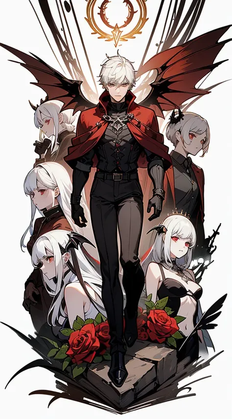 character sheet, character design, multiple angles, full body, book cover, artistic image, five characters, one male demonic angel character, Handsome man, white hair, very short hair, ((crew cut: 1)) , red eyes, fair skin, ((muscular: 1)), male, 28 years ...