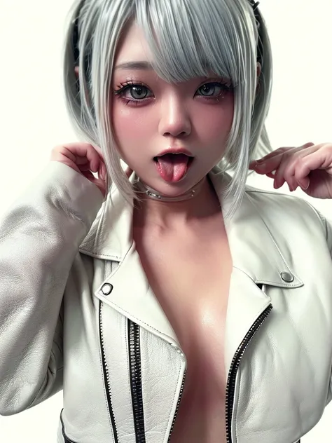 (((amount、white 、Asian woman、beautiful girl、、Silver Hair、white Background、)))、Tabletop, Highest quality, shape, Very detailed, finely, High resolution, 8k wallpaper, Perfect dynamic composition, finelyて美しい目, Deco Out, ((Medium hair 1.5)),((( Small breasts ...