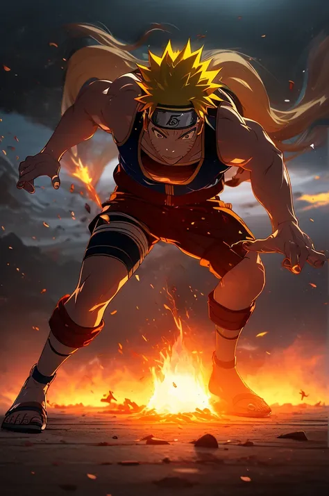 (best quality,4k,8k,highres,masterpiece:1.2),ultra-detailed,(realistic,photorealistic,photo-realistic:1.37),colorful,energetic,exciting,action-packed,heroic,Uzumaki Naruto,expressive and determined face,long spiky hair,fierce gaze,powerful aura,hand signs,...