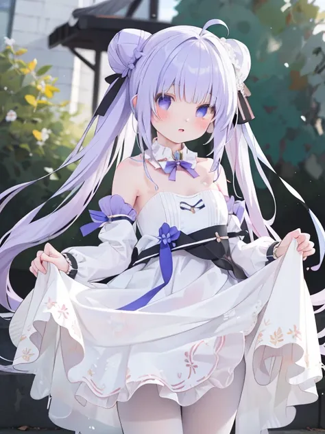 (masterpiece, best quality, ultra high res),
realistic,photography,solo,blush,1girl,ahoge,white dress,light purple hair,long hair,white pantyhose,detached sleeves,detached collar,single_side_bun,hair_bun,single_hair_bun,skirt lift,outdoors,