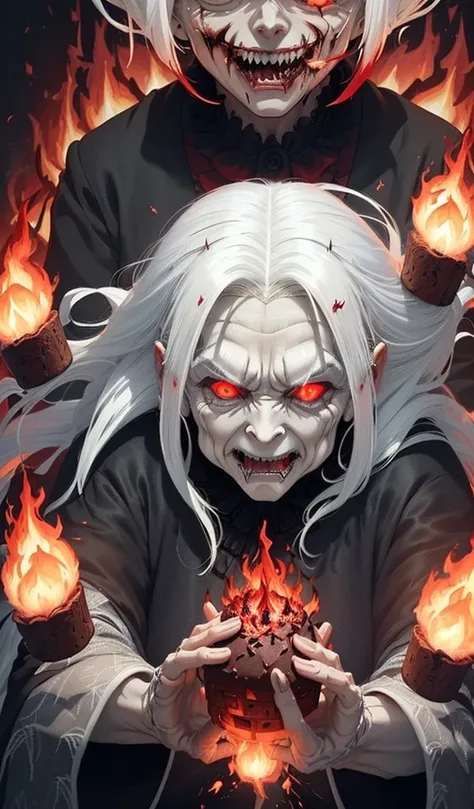 (Anime style:1.5), (highly detailed), (evil old woman with white hair and red eyes burning in flames:1.7), (vibrant flames defeating the evil force:1.7), (dark and twisted interior of the candy house), (ominous atmosphere with fire lighting), (walls made o...