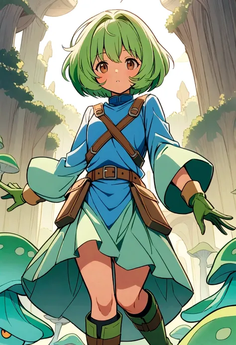 Nausicaa,One girl,
green_dress,length_sleeve,
green gloves,
spats,
knees_boots,
whole body,
Fungi_forest,