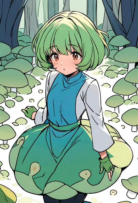 Nausicaa,One girl,
green_dress,length_sleeve,
green gloves,
spats,
knees_boots,
whole body,
Fungi_forest,