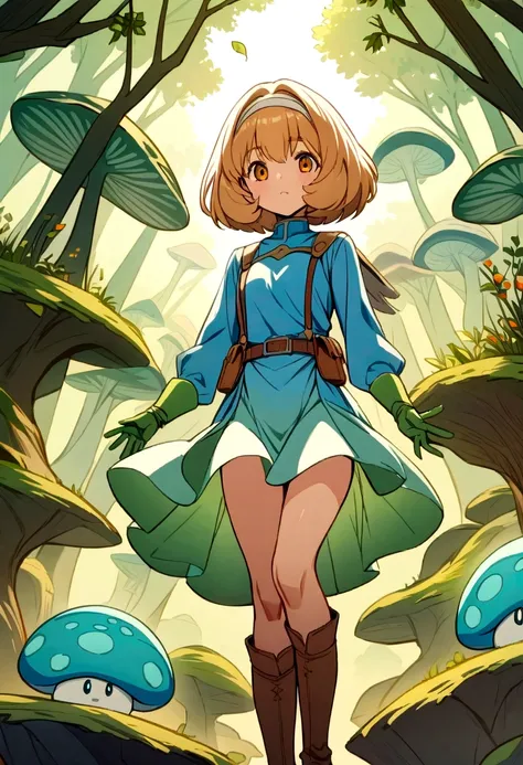 Nausicaa,One girl,
green_dress,length_sleeve,
green gloves,
spats,
knees_boots,
whole body,
Fungi_forest,