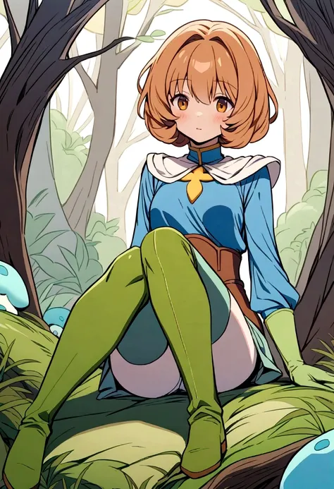 Nausicaa,One girl,
green_dress,length_sleeve,
green gloves,
spats,
knees_boots,
whole body,
Fungi_forest,