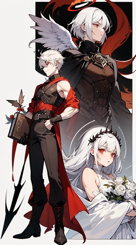 character sheet, character design, multiple angles, full body, book cover, artistic image, five characters, one male demonic angel character, Handsome man, white hair, very short hair, ((crew cut: 1)) , red eyes, fair skin, ((muscular: 1)), male, 28 years ...