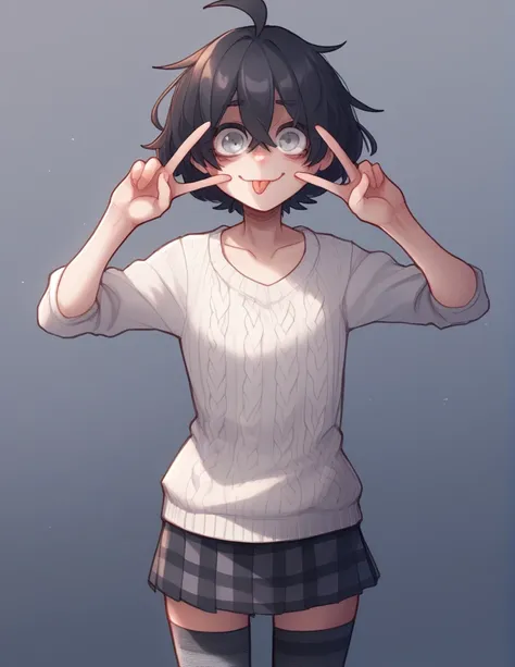 1 girl, alone, ppka, black fur, short hair, messy fur, Ahoge, parts, parts por todo el cuerpo, grey eyes, blind, very nervous, slight smile, looking at the viewer, taking out the rear, peace hands pose, Plaid mini skirt, night blue miniskirt, White sweater...