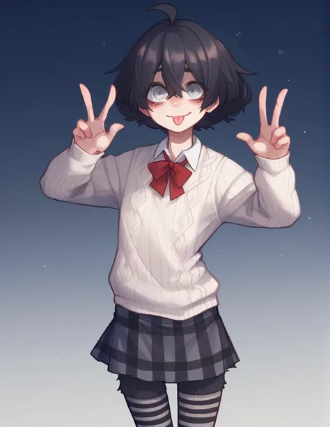 1 girl, alone, ppka, black fur, short hair, messy fur, Ahoge, parts, parts por todo el cuerpo, grey eyes, blind, very nervous, slight smile, looking at the viewer, taking out the rear, peace hands pose, Plaid mini skirt, night blue miniskirt, White sweater...