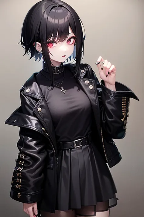 Girl, tomboy, edge lord, goth, short black hair, forehead slightly exposed, pale skin, black eyeliner, ear piercings, black clothing, spiky accessories, belts, black shirt, black jacket, red skirt, belt, boots with belts.