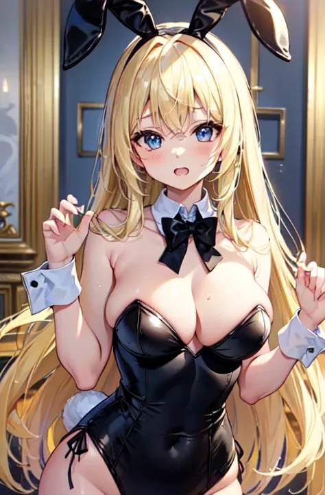 (Five Fingers, Four fingers and a thumb), Super beautiful girl, (masterpieceの顔, masterpieceの目:1.1), (Long blonde hair), break, flat_chest, Huge_chest, wide_Waist, Open your mouth and laugh, Long eyelashes, compensate, break, Bunny girl, Bunny ears, Rabbit&...