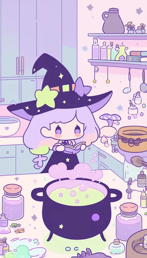 cute, witchy, kitchen, with bubbling cauldron, light colors, pastel colors, potions, books, magical mushrooms