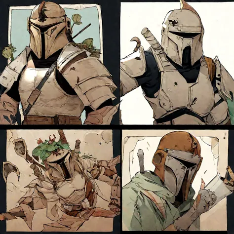 The Mandalorian playing a slot machine Drawing in ink, Digital illustration, Comic strip style, acuarela, Art Station Style, arte conceptual, 2 d illustration, por Peter Draw, por Carne Griffiths, por Wadim Kashin, cuerpo completo, centrado, detallado, Sua...