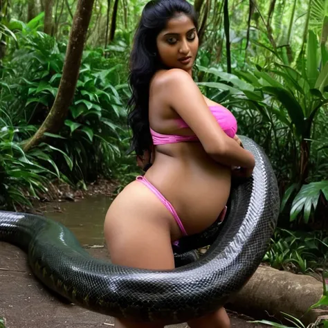 Pregnant Topless  pink thong wearing aroused horny beautiful happy  young  Indian teen girl   vs  Giant colossal black anaconda    monster wrapped around her body squeezing her in coiled embrace cuddling and kissing  sexual erotic bestiality  sex  realisti...