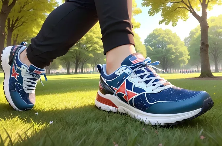 有人没有穿鞋在Walk on the grass, Military）Stars and Patches, running shoes, Walk on the grass, Focus only on the feet, Photos of feet， Take a walk in the park,  photo outdoors, Popular photos, patriotism, fashionable, 5K, Five thousand, A sunny day, Sexual