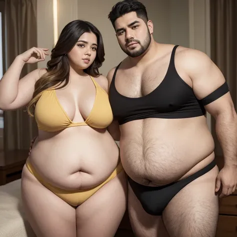 A man with a bloated belly and a severely obese woman with a bloated tummy, couple, 8K, realistic