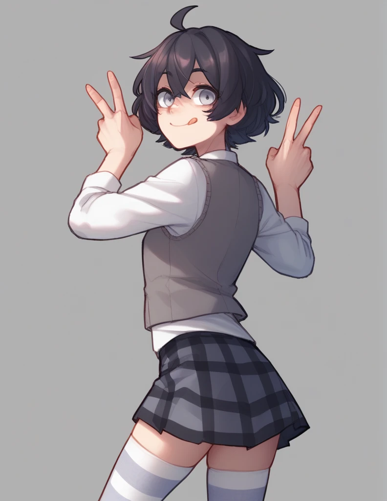 1 girl, alone, ppka, black fur, short hair, messy fur, Ahoge, parts, parts por todo el cuerpo, grey eyes, blind, cute smile looking at the viewer, taking out the rear, peace hands pose, Plaid mini skirt, night blue miniskirt, White jacket, grey vest, high ...