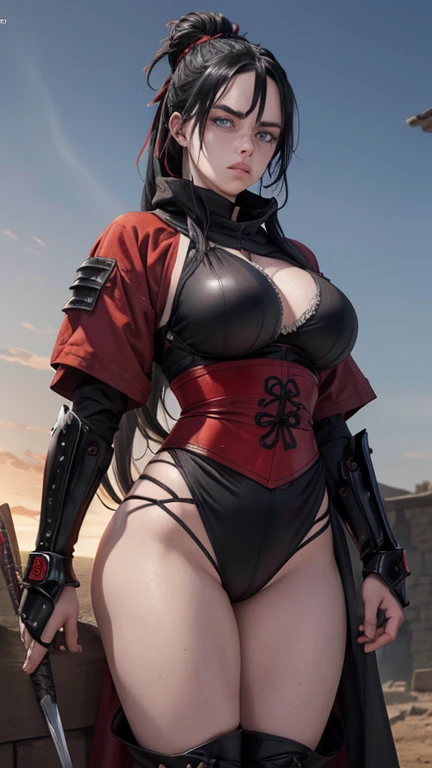 Medieval female warrior (Billie Eilish face), beautiful face, kunoichi armor(black and red), athletic physique, big round breasts, exposed thighs, round Buttocks, round ass, long black hair tied, light blue eyes, freckles on her face, destroyed village