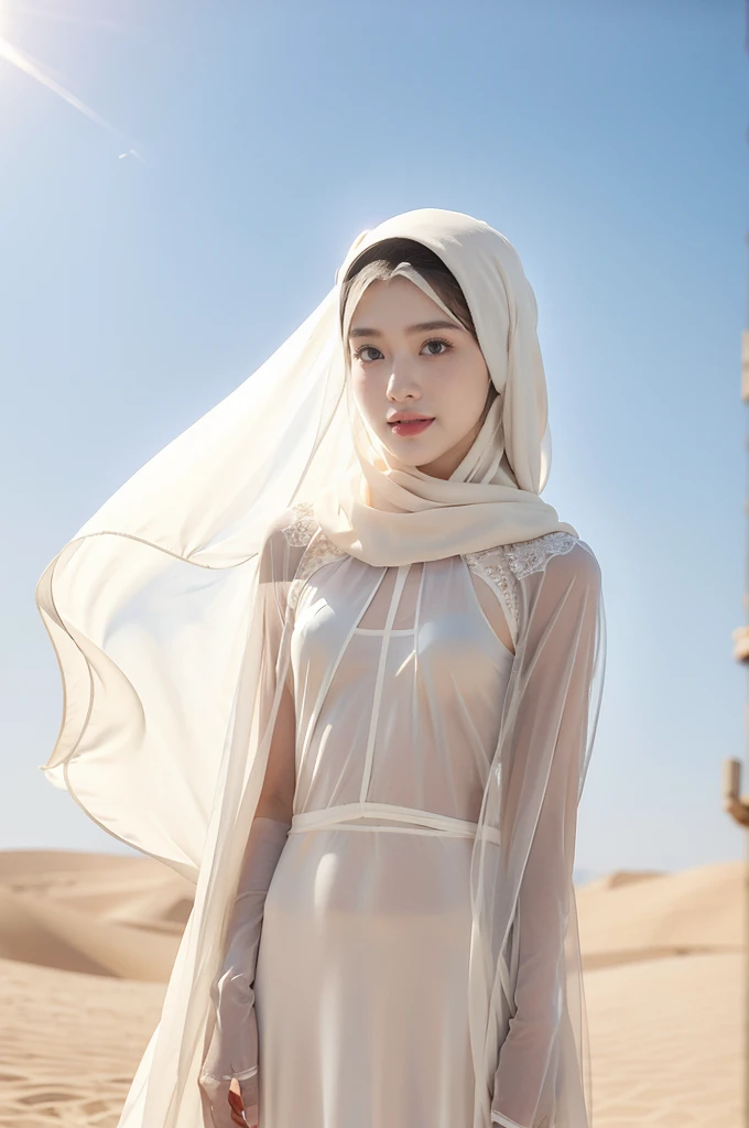 (((best quality))),(((ultra detailed))),(((masterpiece))),illustration,1 Arabian girl,beautiful,solo,slim,thin,small breasts,flat chest,summer,(in desert:1.3),white headscarf,(see through white sheer abaya:1.3),slender legs,arms behind back,radiant smile,f...