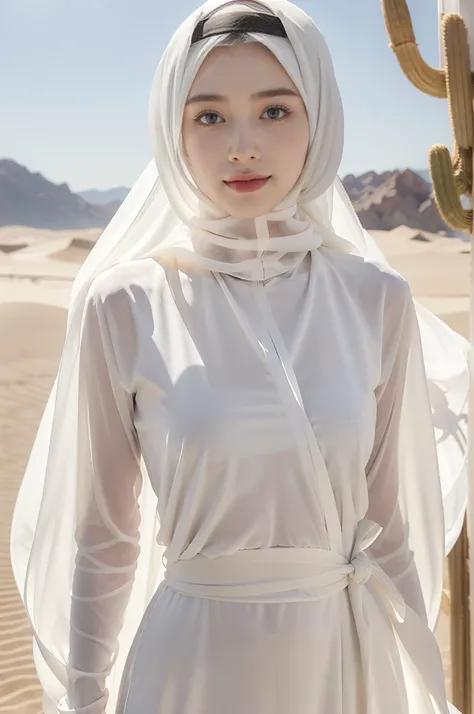 (((best quality))),(((ultra detailed))),(((masterpiece))),illustration,1 Arabian girl,beautiful,solo,slim,thin,small breasts,flat chest,summer,(in desert:1.3),white headscarf,(see through white sheer abaya:1.3),slender legs,arms behind back,radiant smile,f...