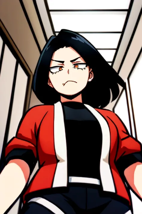 Screenshot of boku no hero academia, beautiful woman, long straight black hair, slanted eyes, red and gold eyes, Annoyed expression on the face, black top red jacket big black pants, walked, hallway of a white mansion in the background, looking at the came...