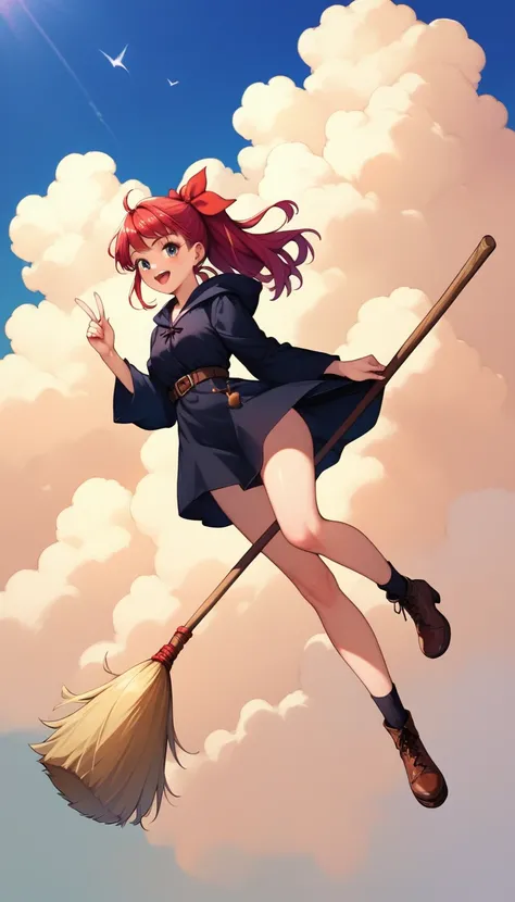 (masterpiece:1.4), (Highest quality:1.4), (High resolution:1.4),girl, Kiki on a flying broom,Broomstick between the legs,cloud, Black Robe, Red hair ribbon, 