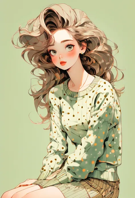 (Highest quality,4K,8K,High resolution,masterpiece:1.2),Super detaileded,(Actual,photoActual,photo-Actual:1.37),Unique Look,Lovely girl sitting,Long neck,Big Head,Exaggerated Hair,fluffy hair,Small freckles,Exaggeration,Surrealism,Duck egg green polka dot ...