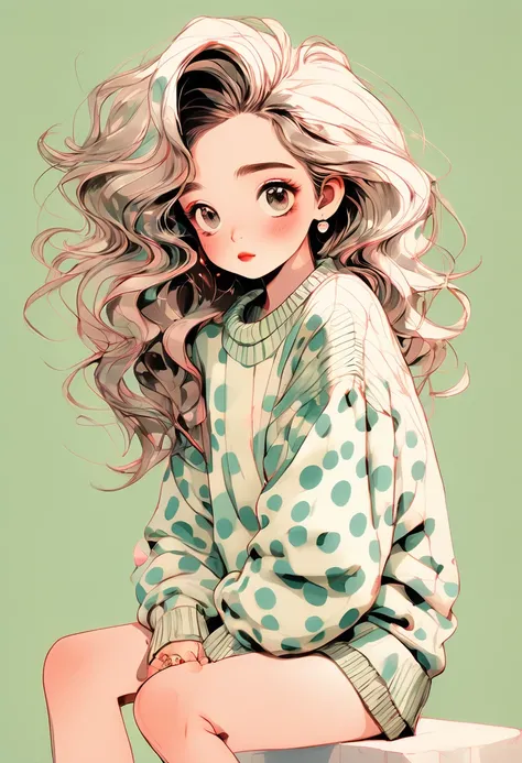 (Highest quality,4K,8K,High resolution,masterpiece:1.2),Super detaileded,(Actual,photoActual,photo-Actual:1.37),Unique Look,Lovely girl sitting,Long neck,Big Head,Exaggerated Hair,fluffy hair,Small freckles,Exaggeration,Surrealism,Duck egg green polka dot ...