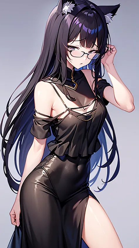 A 20-year-old cat girl with long black hair, gray eyes, cat ears and a cat tail, wears glasses, black  long dresses sexy, sleeveless, standing,