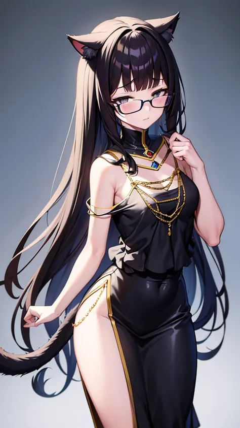 a 20-year-old cat girl with long black hair, gray eyes, cat ears and a cat tail, wears glasses, black  long dresses sexy, sleeve...