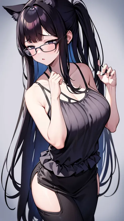 a 20-year-old cat girl with long black hair, gray eyes, cat ears and a cat tail, wears glasses, black  long dresses sexy, sleeve...