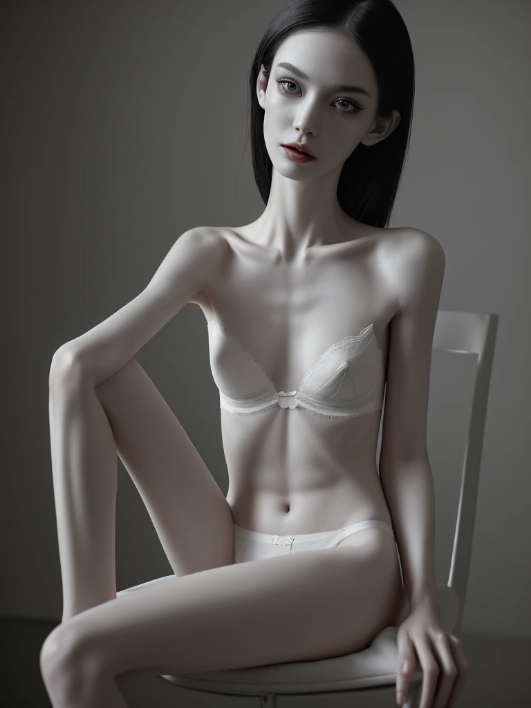 a woman with an extremely thin, emaciated body, visible bones, very slender figure, pale white skin, wearing only panties and a bra, full body tattoo, full body shot, having a mental breakdown, sitting on chair (best quality,4k,8k,highres,masterpiece:1.2),...