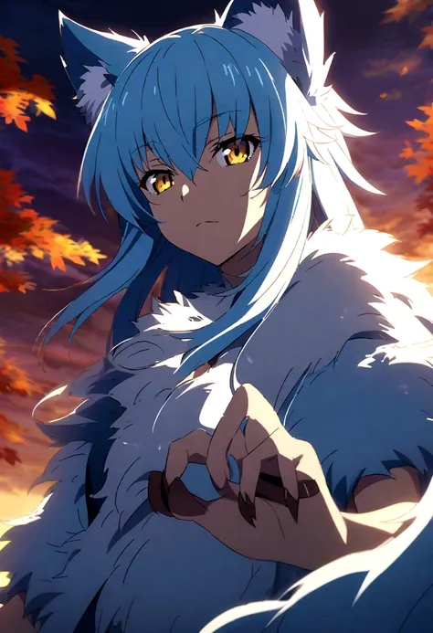 fox Light blue hair 　beast girl　indigo fur　fox beast girl　fox Light blue hair 　beast girl　indigo fur　fox beast girl　Sesshomaru, Yellow eyes, Anime, Perfect face, Perfect Lighting, Outdoors, Warm colors, Dark purple sky, Autumn sunset, (inuyasha), Bearing C...