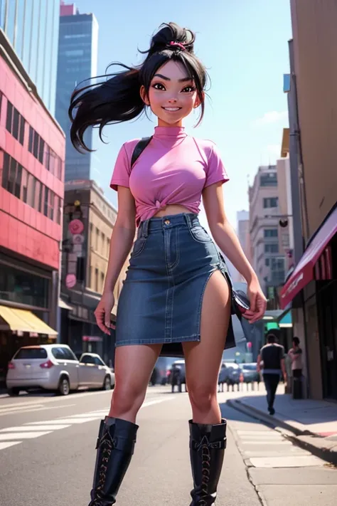 Kizi, Asian, 18-years old, Grinning, long black hair tied into two high ponytails, pink cropped shirt tied at the front, denim skirt, high leather boots, walking in the middle of the city. 