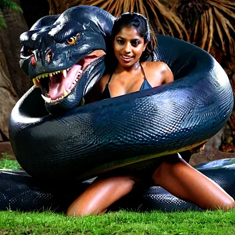  Happy Horny, aroused 1girl), beautiful kneeling Indian young teen girl   with  giant colossal black titanboa monster  squeezing her hard, wrapped in thick spiraling coils, constricted, struggle, gasping for air, snake attack, snake peril, moonless night, ...